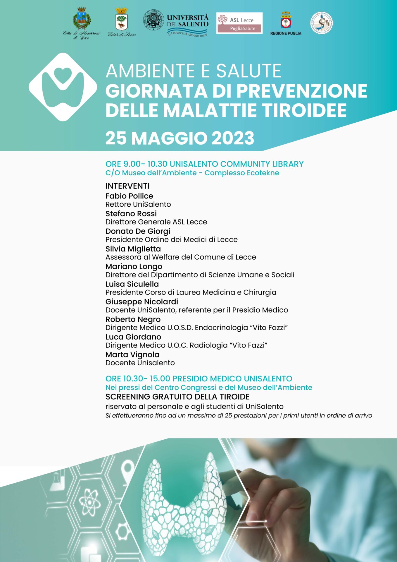 GIORNATA MONDIALE DELLA TIROIDE: IL 25 MAGGIO 2023 A UNISALENTO INCONTRO DI APPROFONDIMENTO, PUNTO INFORMATIVO E SCREENING GRATUITO A CURA DEL PRESIDIO MEDICO