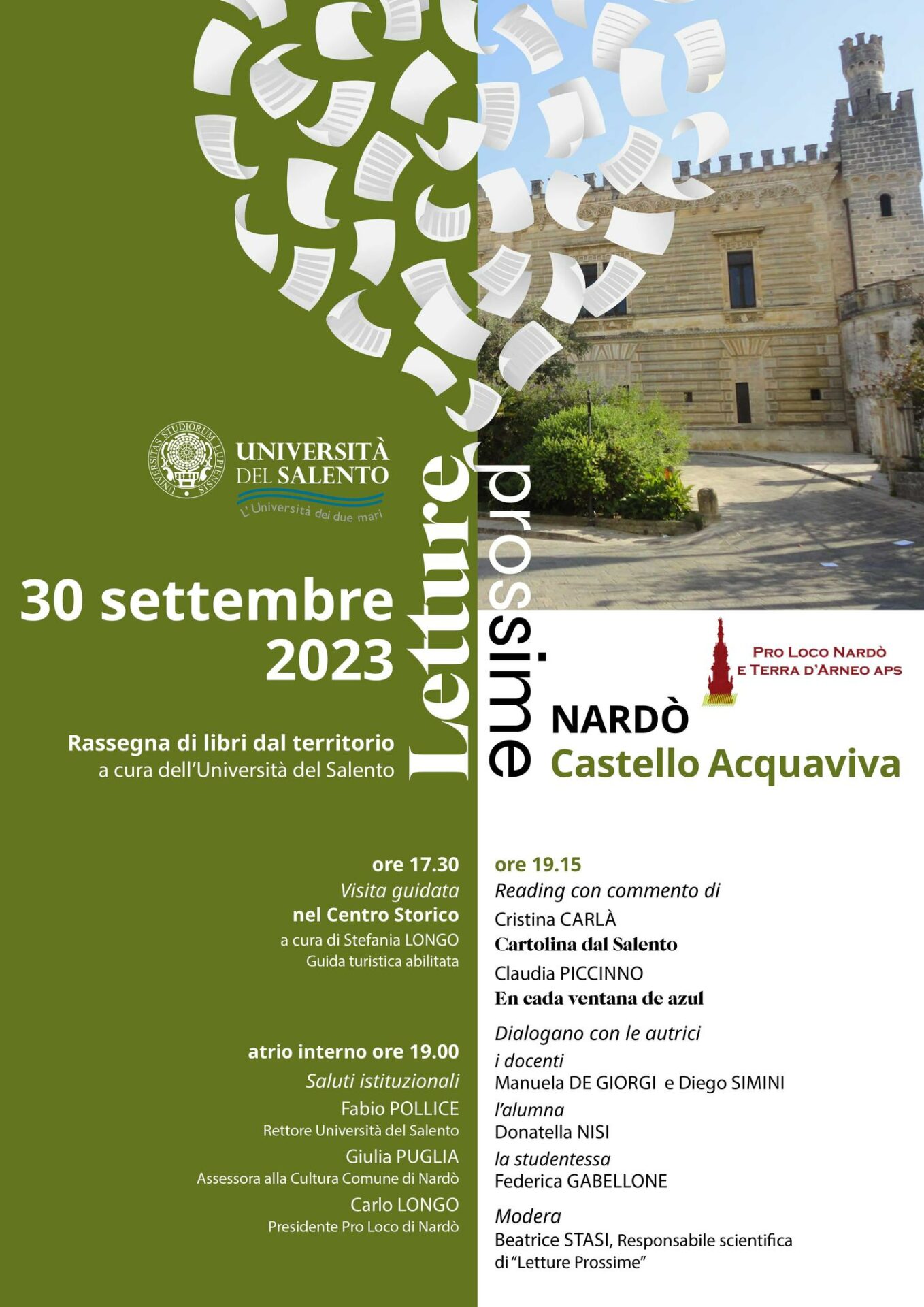 “LETTURE PROSSIME”: IL 30 SETTEMBRE 2023 LA RASSEGNA DI LIBRI DAL TERRITORIO DELL’UNIVERSITÀ DEL SALENTO FA TAPPA A NARDÒ