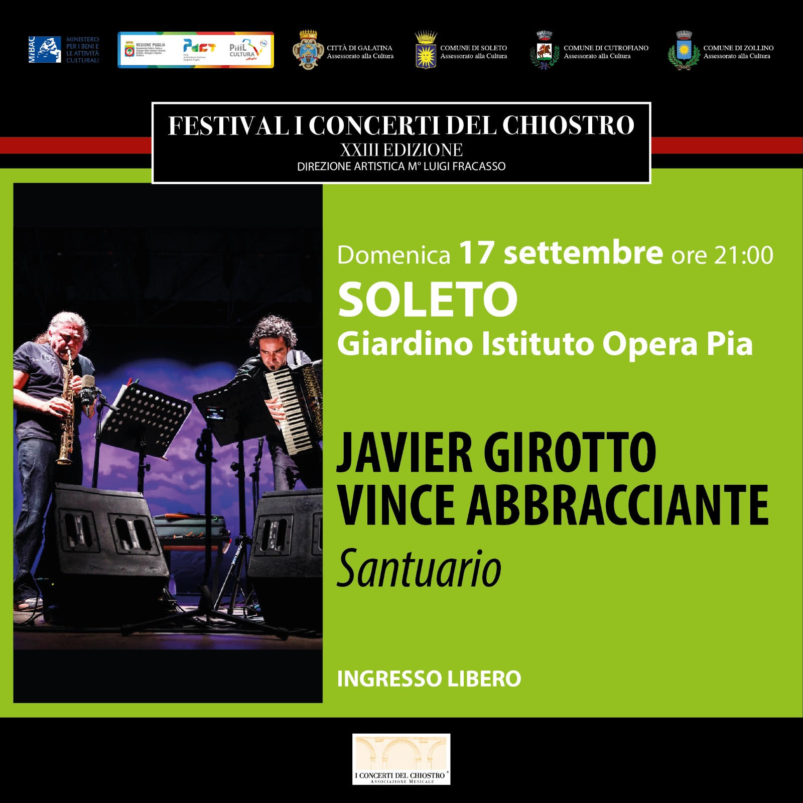 A Soleto (Le) domani per il FESTIVAL I CONCERTI DEL CHIOSTRO – XXIII edizione – Javier Girotto e Vince Abbracciante in “Santuario”