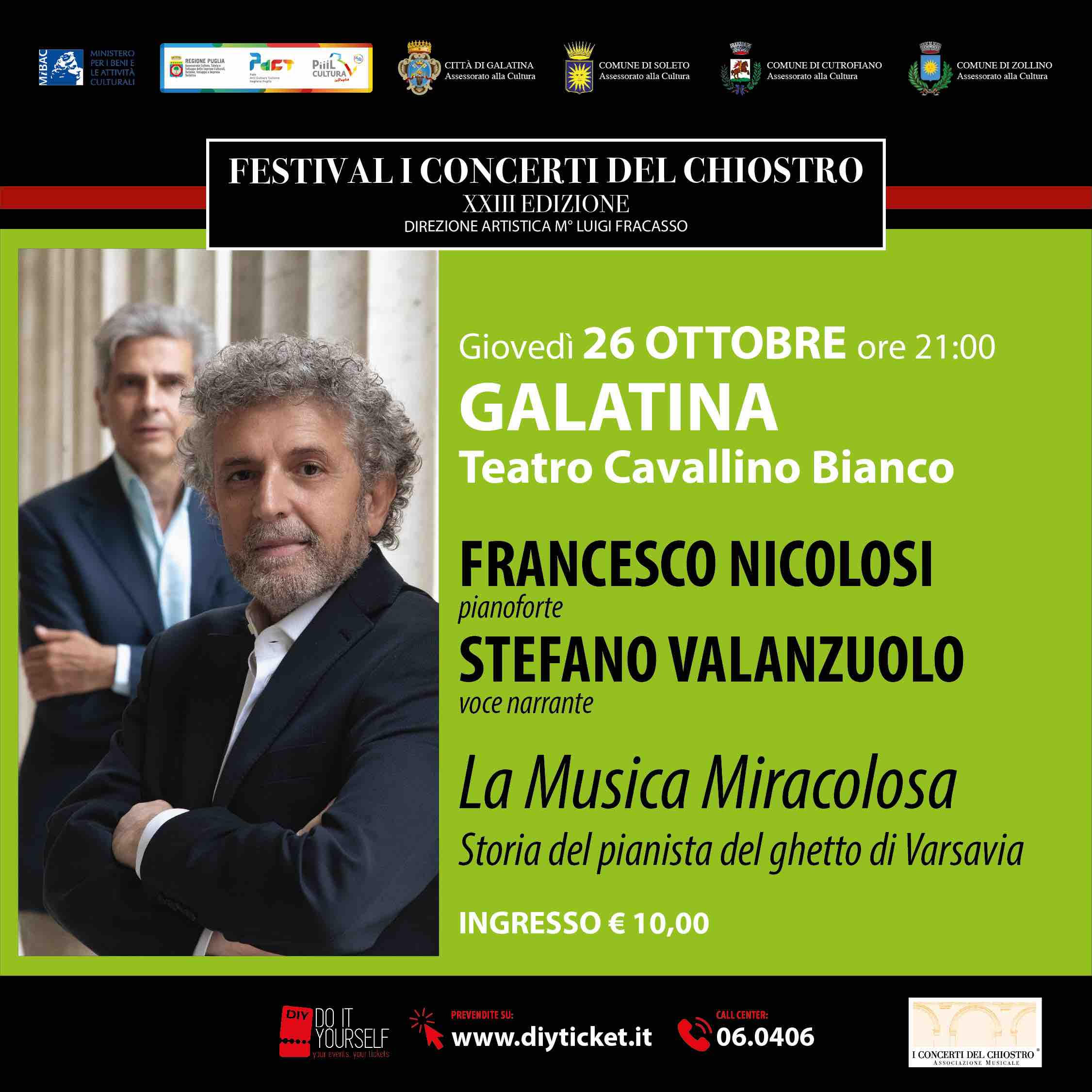 A Galatina giovedì 26 ottobre FRANCESCO NICOLOSI, pianoforte, e STEFANO VALANZUOLO, voce narrante, ne LA MUSICA MIRACOLOSA – Storia del pianista del ghetto di Varsavia