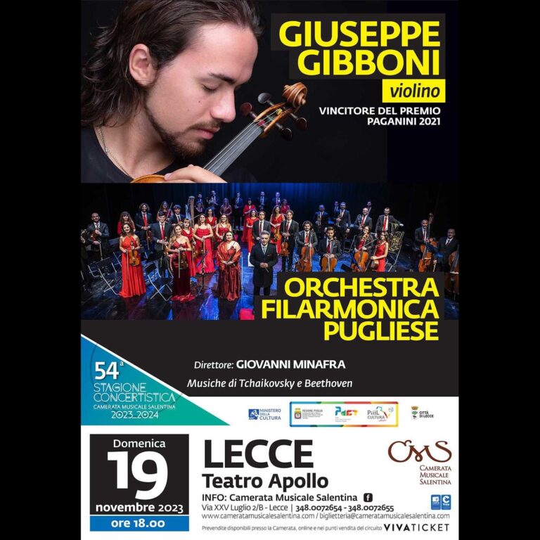 Domenica 19 novembre Giuseppe Gibboni e l’Orchestra Filarmonica Pugliese al Teatro Apollo di Lecce