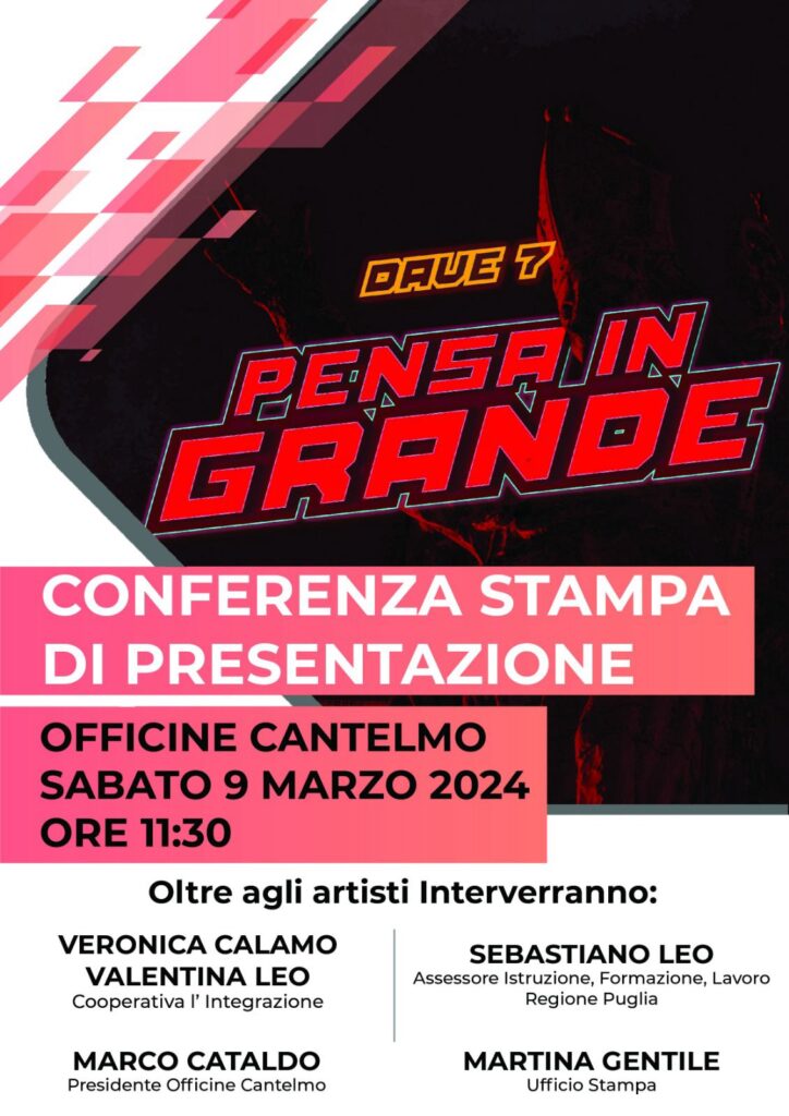 Progetto “Pensa in Grande”: sabato la presentazione alle Officine Cantelmo con Dave7 e tanti artisti