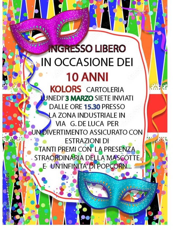 Kolors Cartoleria festeggia 10 anni di attività con una festa in maschera imperdibile!