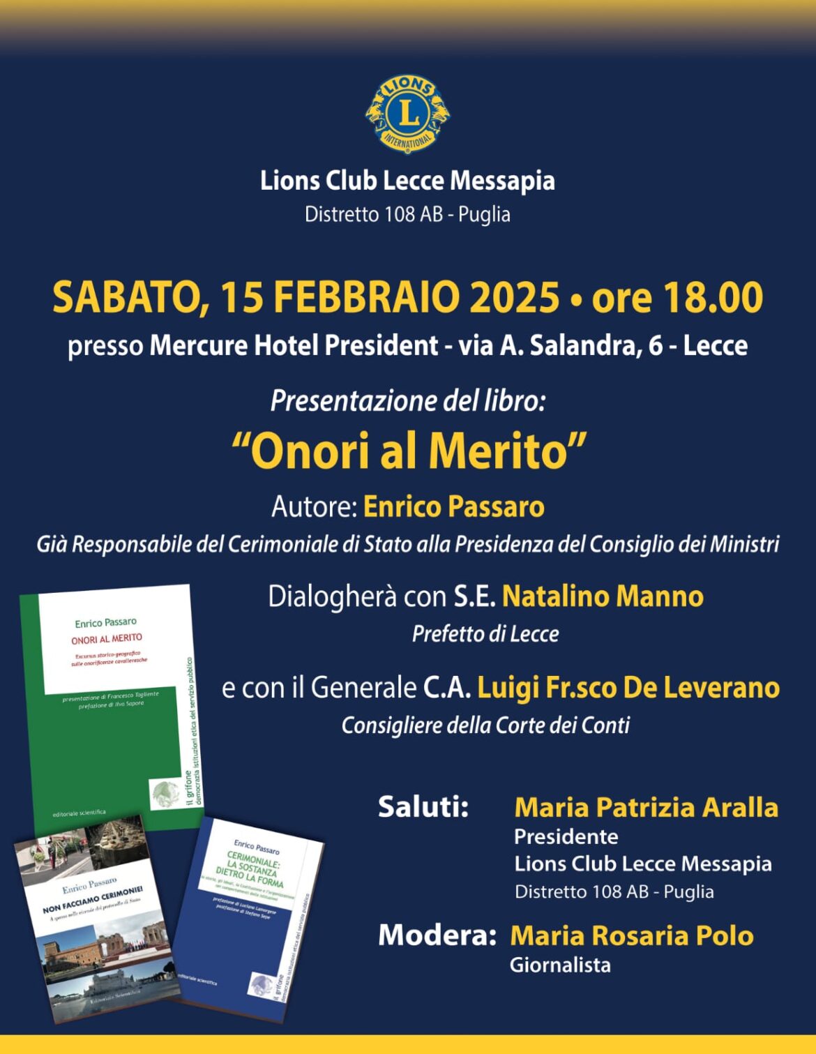 Presentazione del libro “Onori al Merito” di Enrico Passaro – Sabato, 15 febbraio ore 18 – Mercure Hotel President