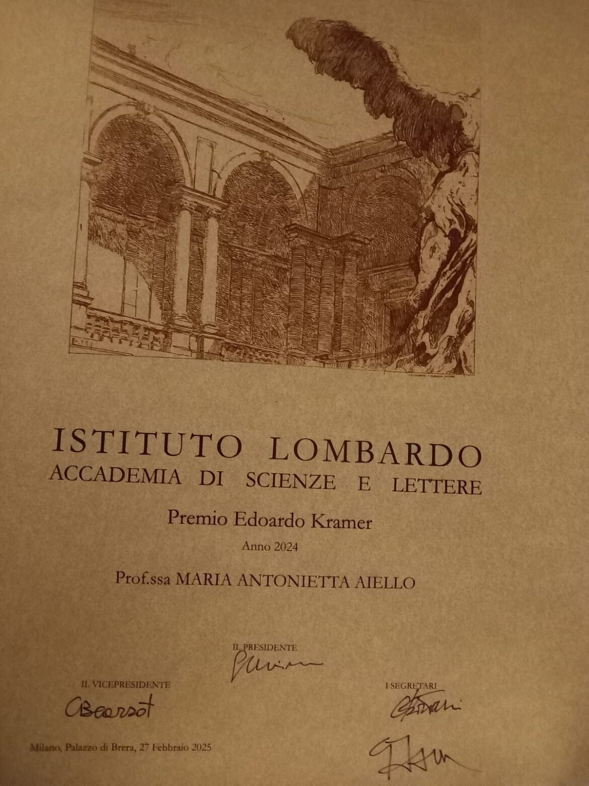 ALLA PRORETTRICE VICARIA, MARIA ANTONIETTA AIELLO IL PREMIO KRAMER PER LA RICERCA